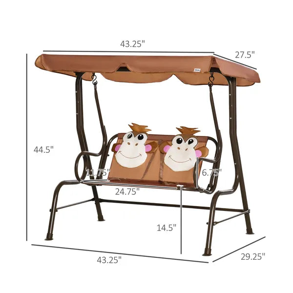 Kids Porch Swing with Adjustable Canopy and Seat Belts, Monkey Pattern, Coffee - product image 3