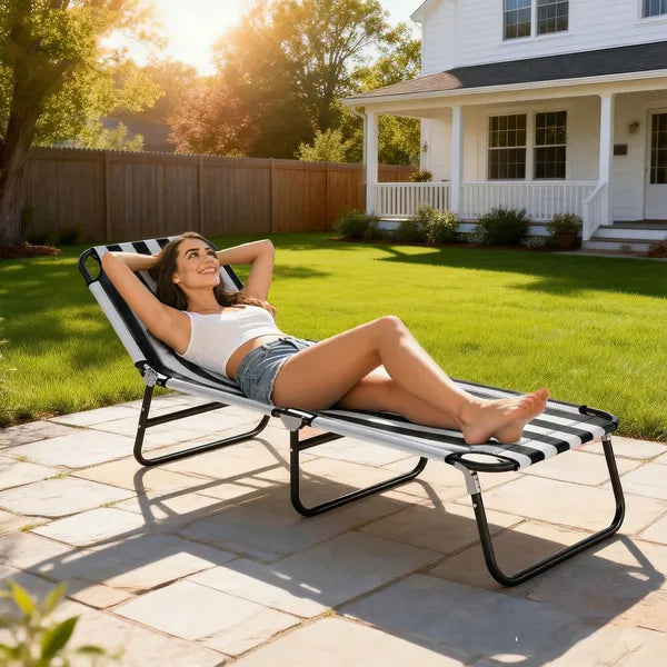 Outsunny Portable Folding Adjustable Sun Beach Lounger / Camping Cot - Black and White - product image 2