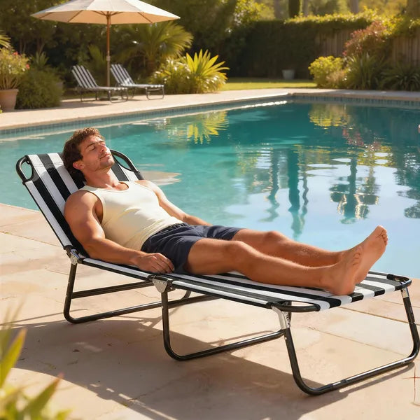 Outsunny Portable Folding Adjustable Sun Beach Lounger / Camping Cot - Black and White - product image 10