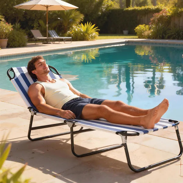 Outsunny Portable Folding Adjustable Sun Beach Lounger / Camping Cot - Blue and White - product image 10