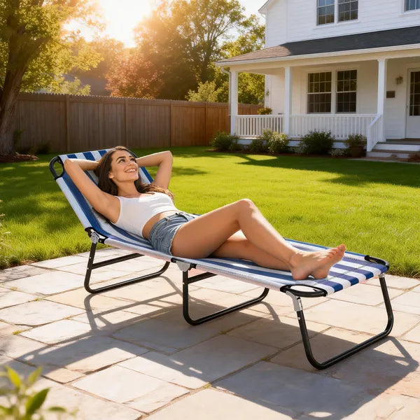 Outsunny Portable Folding Adjustable Sun Beach Lounger / Camping Cot - Blue and White - product image 2
