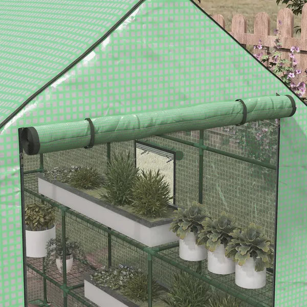 Outsunny Portable Greenhouse 4.6 x 4.7 ft Walk-In Hot House with Roll Up Door Windows U-Shape Flower Rack Water UV Resistant Green - product image 8
