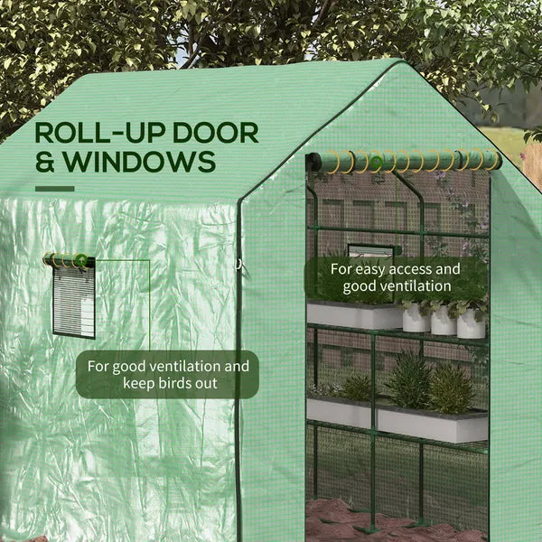 Outsunny Portable Greenhouse 4.6 x 4.7 ft Walk-In Hot House with Roll Up Door Windows U-Shape Flower Rack Water UV Resistant Green - product image 6