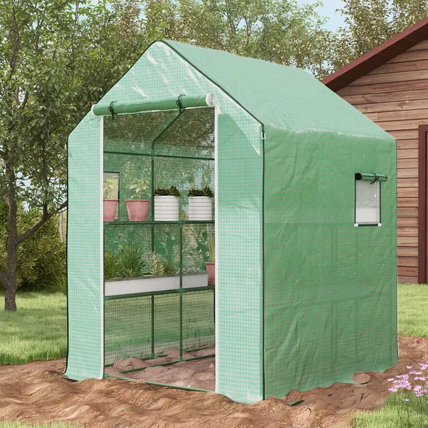Outsunny Portable Greenhouse 4.6 x 4.7 ft Walk-In Hot House with Roll Up Door Windows U-Shape Flower Rack Water UV Resistant Green - product image 2