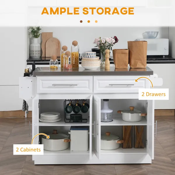 HOMCOM Portable Kitchen Cart, White, Rolling Island with Stainless Steel Top, Towel and Spice Rack - product image 4