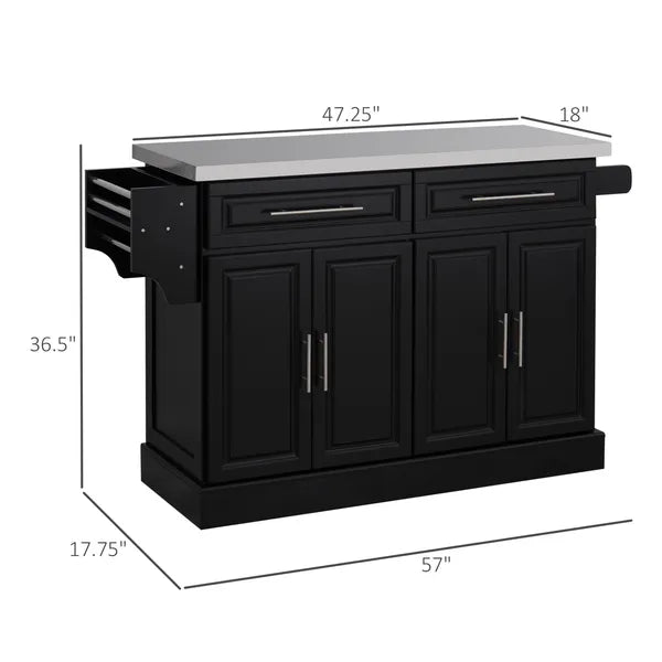 HOMCOM Portable Kitchen Island Cart, Black, on Wheels with Stainless Steel Top, Storage Cabinets, Spice Rack - product image 3