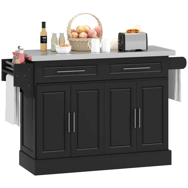 HOMCOM Portable Kitchen Island Cart, Black, on Wheels with Stainless Steel Top, Storage Cabinets, Spice Rack - product image 1