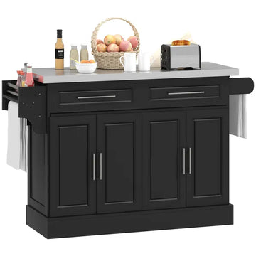 HOMCOM Portable Kitchen Island Cart, Black, on Wheels with Stainless Steel Top, Storage Cabinets, Spice Rack - product image 1