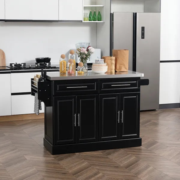 HOMCOM Portable Kitchen Island Cart, Black, on Wheels with Stainless Steel Top, Storage Cabinets, Spice Rack - product image 2