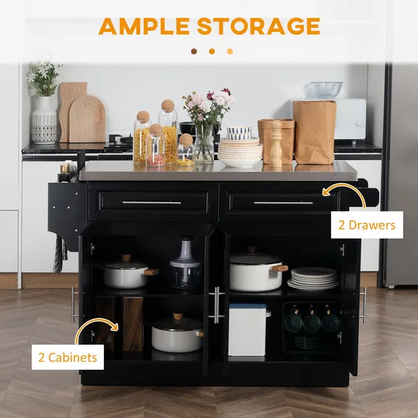 HOMCOM Portable Kitchen Island Cart, Black, on Wheels with Stainless Steel Top, Storage Cabinets, Spice Rack - product image 4