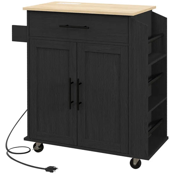 HOMCOM Portable Kitchen Island, Charging Kitchen Storage Island with Wheels, Spice Rack and Drawer, Kitchen Cart for Home, Black - product image 11