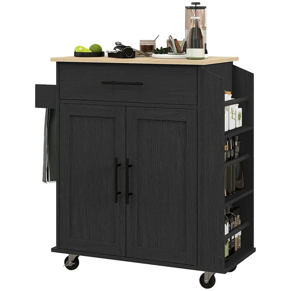 HOMCOM Portable Kitchen Island, Charging Kitchen Storage Island with Wheels, Spice Rack and Drawer, Kitchen Cart for Home, Black - product image 1