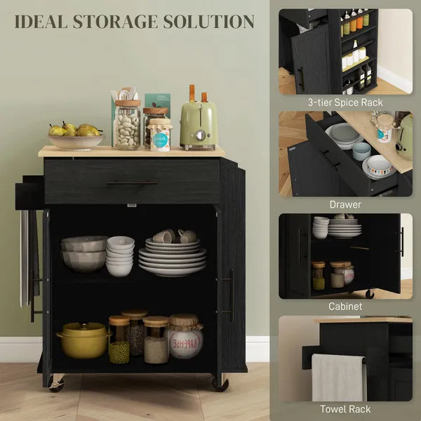 HOMCOM Portable Kitchen Island, Charging Kitchen Storage Island with Wheels, Spice Rack and Drawer, Kitchen Cart for Home, Black - product image 4