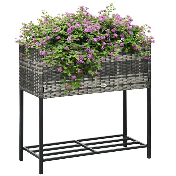 Portable Steel Raised Garden Bed, Rattan Look with Legs and Tool Shelf, for Herbs Vegetables Flowers, Gray - product image 1