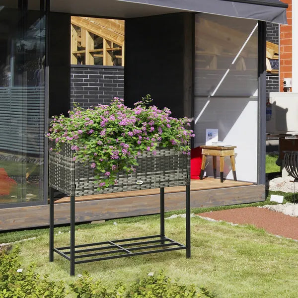Portable Steel Raised Garden Bed, Rattan Look with Legs and Tool Shelf, for Herbs Vegetables Flowers, Gray - product image 10