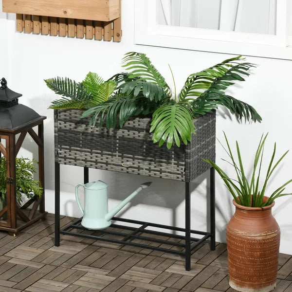 Portable Steel Raised Garden Bed, Rattan Look with Legs and Tool Shelf, for Herbs Vegetables Flowers, Gray - product image 2