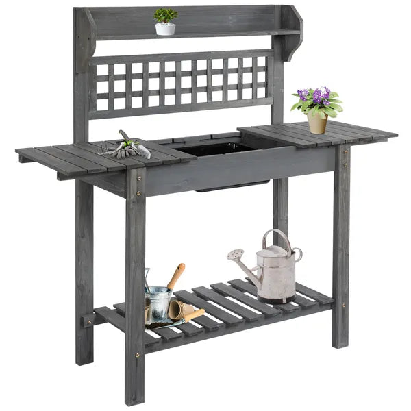 Potting Bench Outdoor, Wooden Workstation with Expandable Sliding Tabletop, Storage Shelf and Dry Sink, Indoor and Outdoor, Gray - product image 11