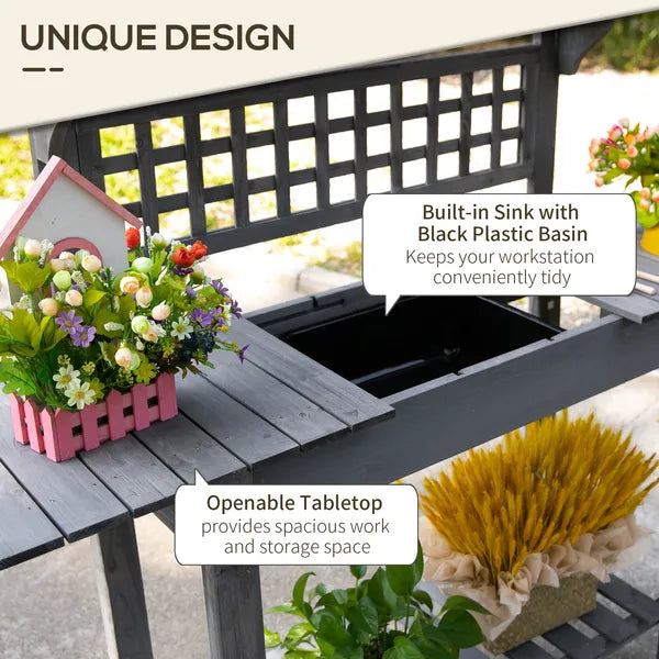 Potting Bench Outdoor, Wooden Workstation with Expandable Sliding Tabletop, Storage Shelf and Dry Sink, Indoor and Outdoor, Gray - product image 6