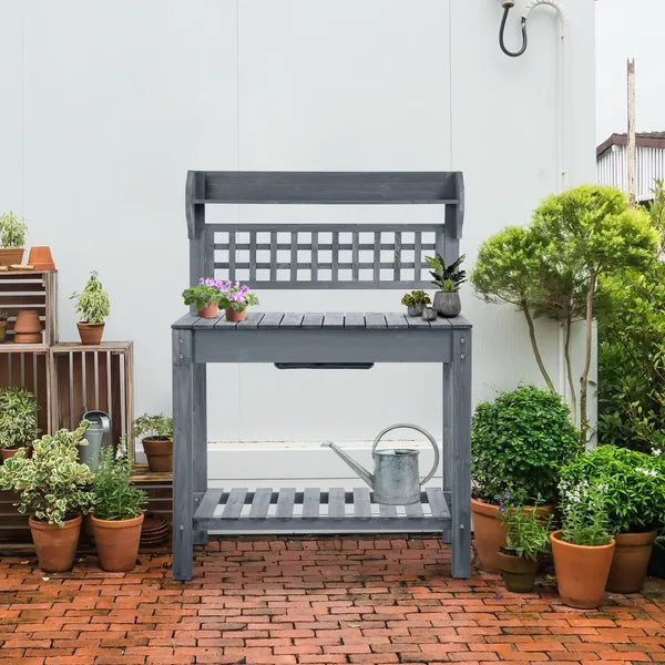 Potting Bench Outdoor, Wooden Workstation with Expandable Sliding Tabletop, Storage Shelf and Dry Sink, Indoor and Outdoor, Gray - product image 10
