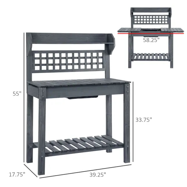 Potting Bench Outdoor, Wooden Workstation with Expandable Sliding Tabletop, Storage Shelf and Dry Sink, Indoor and Outdoor, Gray - product image 3