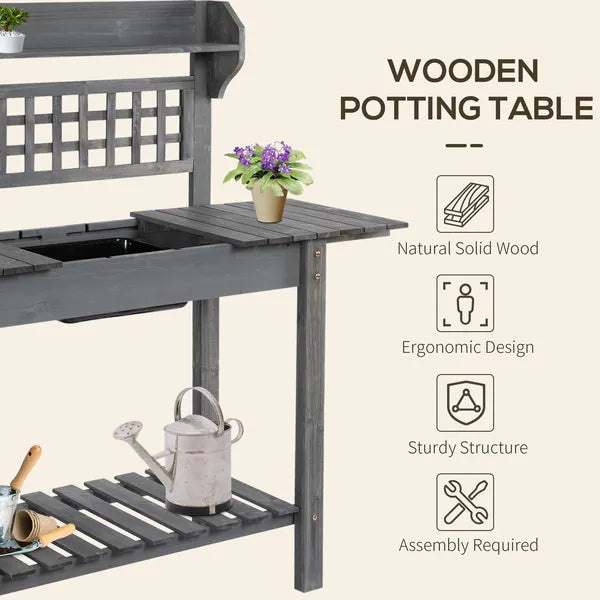 Potting Bench Outdoor, Wooden Workstation with Expandable Sliding Tabletop, Storage Shelf and Dry Sink, Indoor and Outdoor, Gray - product image 4