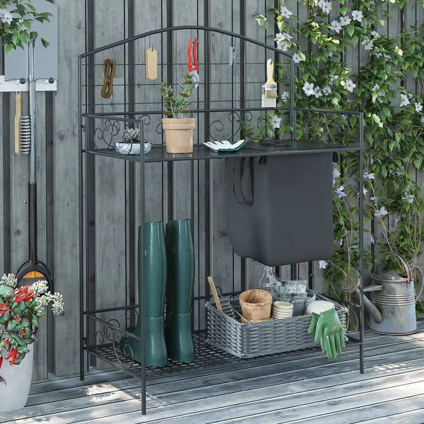 Outsunny Potting Worktable Steel Work Surface with Large Inbuilt Sack Cover 5 Hanging Hooks Storage Shelf - product image 2