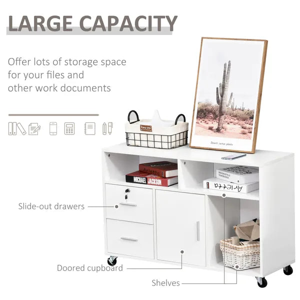 HOMCOM Printer Stand Home Office Mobile Cabinet Organizer Desktop with Caster Wheels, 2 Locking Breaks and Drawer, White - product image 4