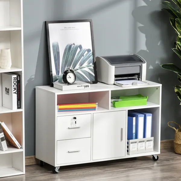 HOMCOM Printer Stand Home Office Mobile Cabinet Organizer Desktop with Caster Wheels, 2 Locking Breaks and Drawer, White - product image 2