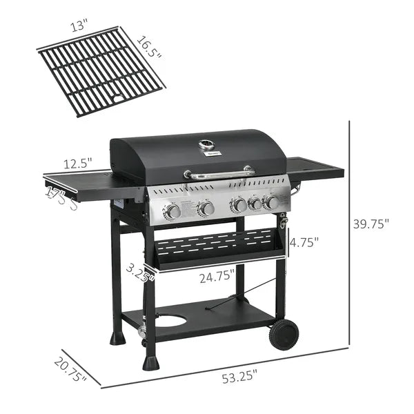 Propane Gas Grill 4+1 Burner 40000 BTU BBQ Trolley with Warming Rack Shelves Bottle Opener Thermometer - product image 3