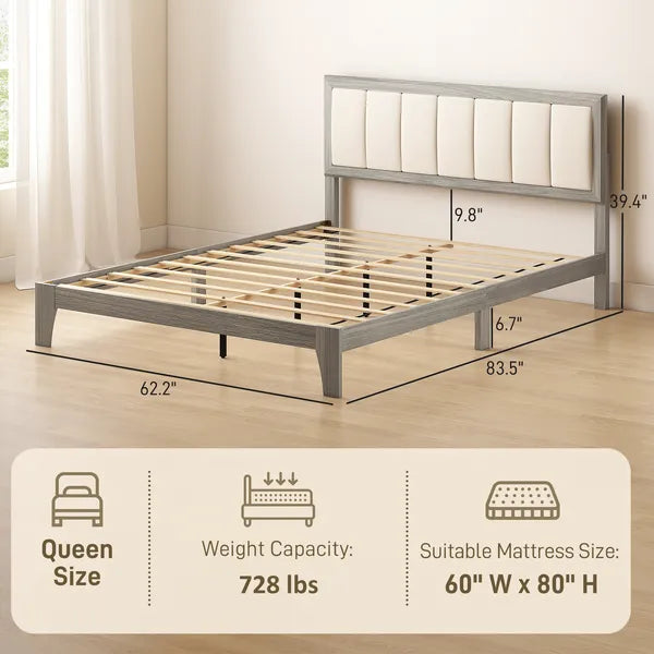 HOMCOM Queen Bed Frame with Headboard Queen Platform Bed Frame with Wooden Slats No Box Spring Needed Easy Assembly Gray - product image 3