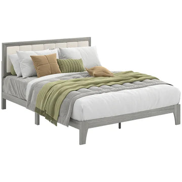 HOMCOM Queen Bed Frame with Headboard Queen Platform Bed Frame with Wooden Slats No Box Spring Needed Easy Assembly Gray - product image 1