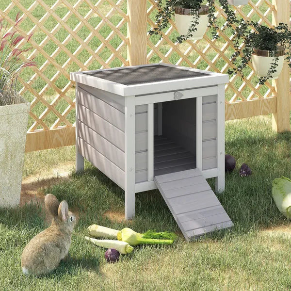 PawHut Rabbit Pen, Outdoor Wooden Rabbit Hutch Bunny Guinea Pig Cage with Waterproof Roof Gray - product image 2
