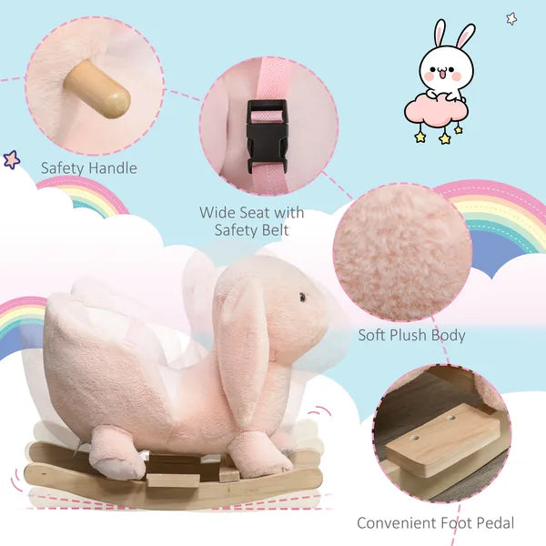 Rabbit Rocking Horse, Soft Plush Fabric and Wooden Base, Sound Feature, Cozy Ride-On Toy for Toddlers, Pink - product image 7