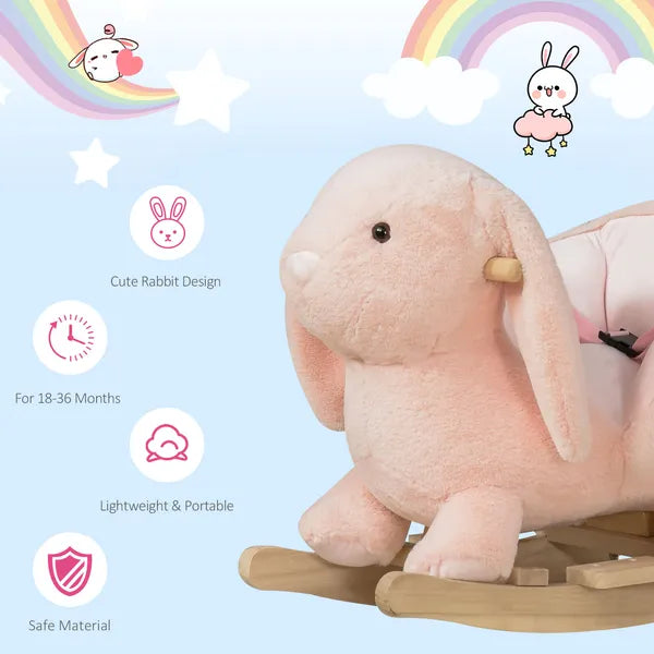 Rabbit Rocking Horse, Soft Plush Fabric and Wooden Base, Sound Feature, Cozy Ride-On Toy for Toddlers, Pink - product image 6