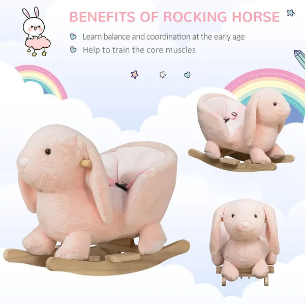 Rabbit Rocking Horse, Soft Plush Fabric and Wooden Base, Sound Feature, Cozy Ride-On Toy for Toddlers, Pink - product image 4