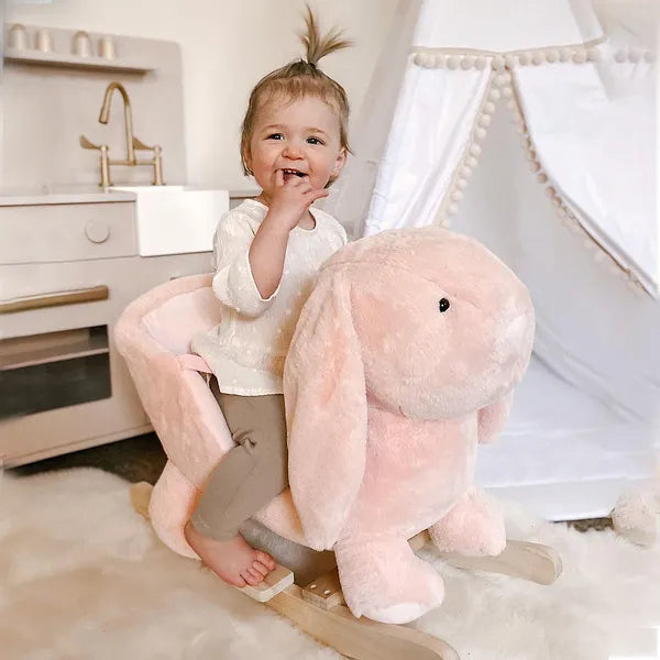 Rabbit Rocking Horse, Soft Plush Fabric and Wooden Base, Sound Feature, Cozy Ride-On Toy for Toddlers, Pink - product image 2