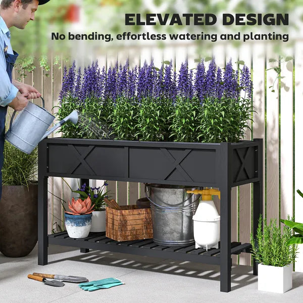 Outsunny Raised Garden Bed, 47 x 22 x 31.5in Elevated Wood Planter Box with Storage Shelf, Drainage Holes and Liner, Black - product image 6