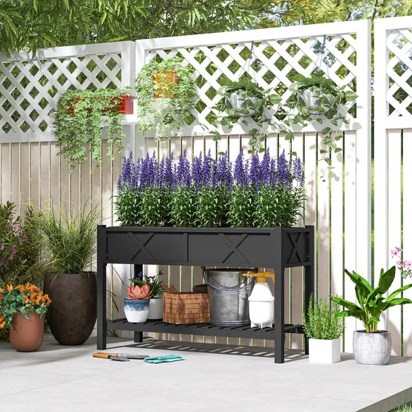 Outsunny Raised Garden Bed, 47 x 22 x 31.5in Elevated Wood Planter Box with Storage Shelf, Drainage Holes and Liner, Black - product image 2