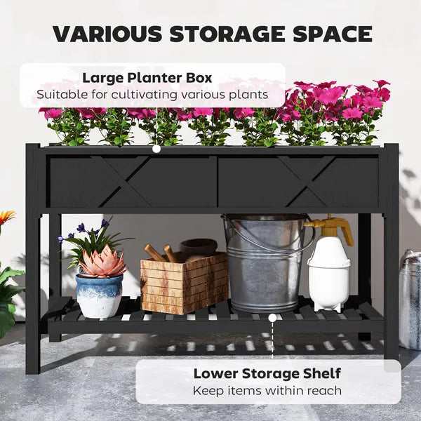 Outsunny Raised Garden Bed, 47 x 22 x 31.5in Elevated Wood Planter Box with Storage Shelf, Drainage Holes and Liner, Black - product image 4