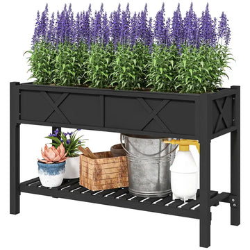 Outsunny Raised Garden Bed, 47 x 22 x 31.5in Elevated Wood Planter Box with Storage Shelf, Drainage Holes and Liner, Black - product image 1