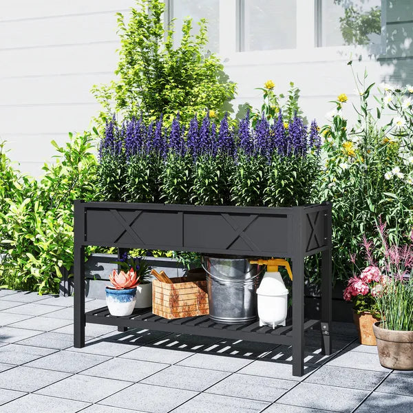 Outsunny Raised Garden Bed, 47 x 22 x 31.5in Elevated Wood Planter Box with Storage Shelf, Drainage Holes and Liner, Black - product image 9