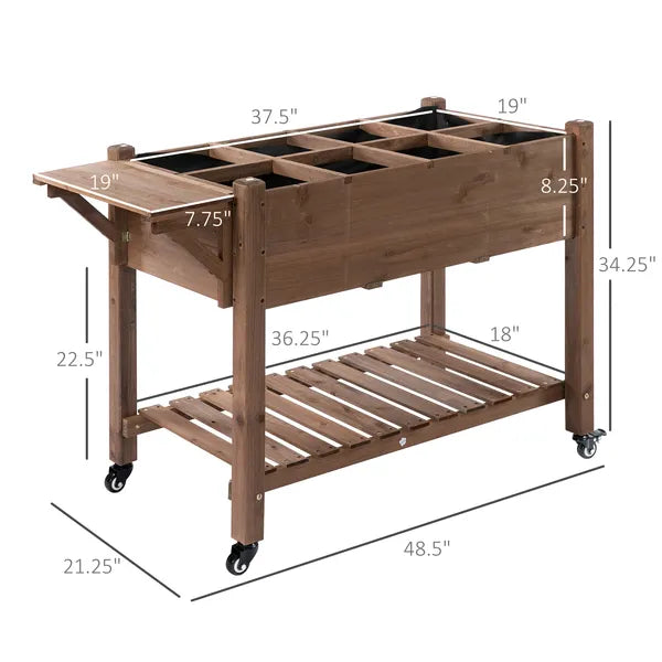 Outsunny Raised Garden Bed 49x21x34 with Grow Grids and Storage Shelf on Wheels Brown - product image 3