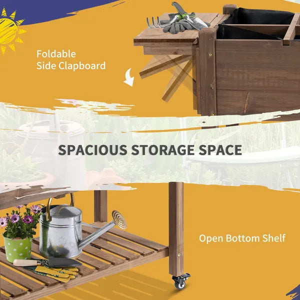 Outsunny Raised Garden Bed 49x21x34 with Grow Grids and Storage Shelf on Wheels Brown - product image 7