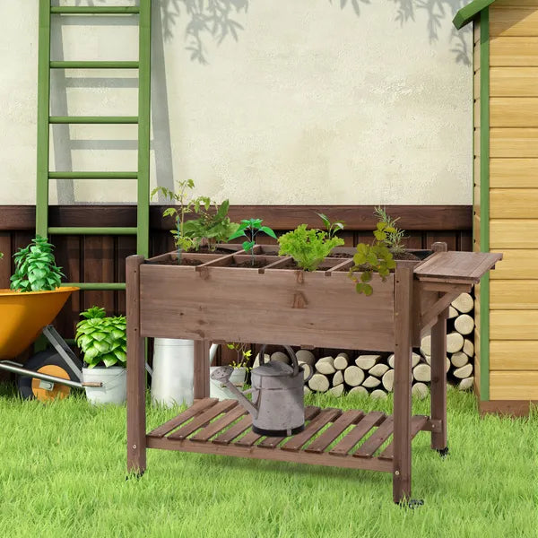 Outsunny Raised Garden Bed 49x21x34 with Grow Grids and Storage Shelf on Wheels Brown - product image 10