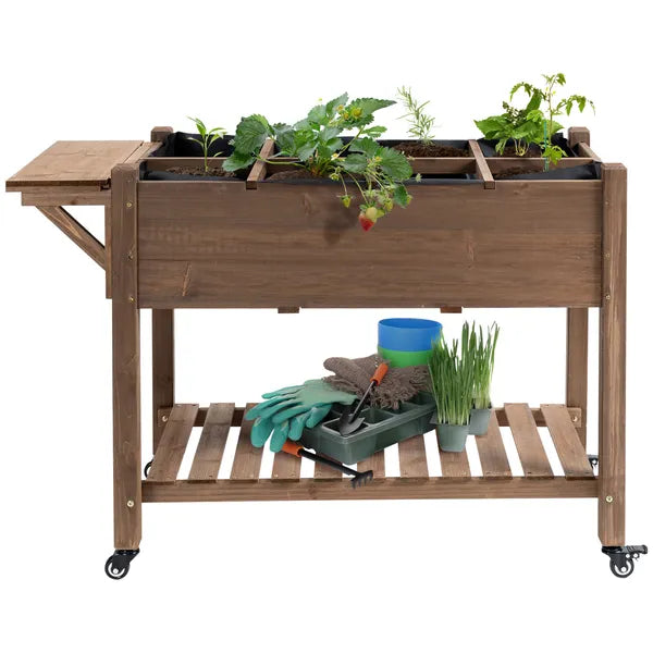 Outsunny Raised Garden Bed 49x21x34 with Grow Grids and Storage Shelf on Wheels Brown - product image 12