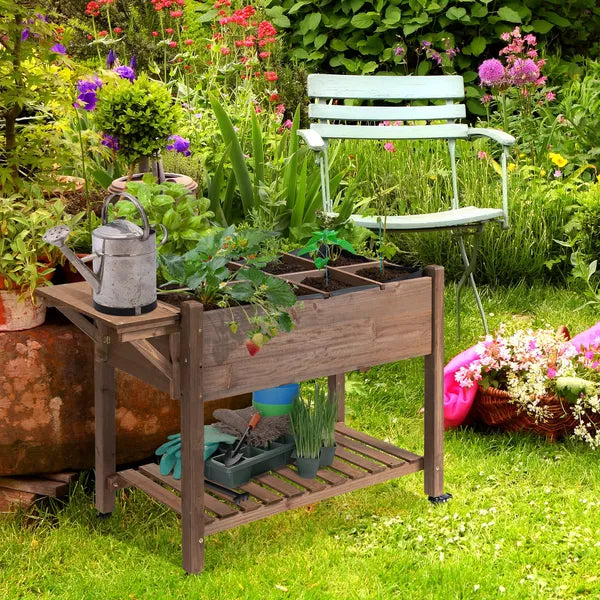 Outsunny Raised Garden Bed 49x21x34 with Grow Grids and Storage Shelf on Wheels Brown - product image 2