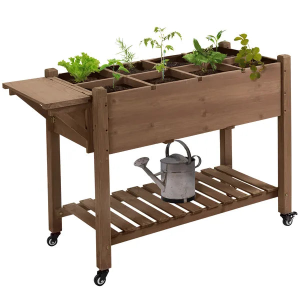 Outsunny Raised Garden Bed 49x21x34 with Grow Grids and Storage Shelf on Wheels Brown - product image 11