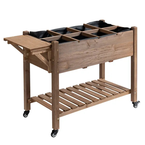 Outsunny Raised Garden Bed 49x21x34 with Grow Grids and Storage Shelf on Wheels Brown - product image 1