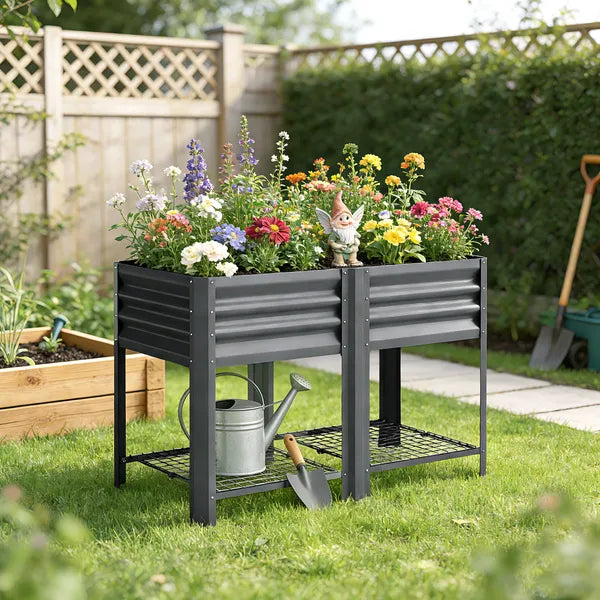 Outsunny Raised Garden Bed Galvanized Steel, Elevated Planter Box with Storage Shelf, Bed Liner, 31.5 Inch High, Dark Gray - product image 9