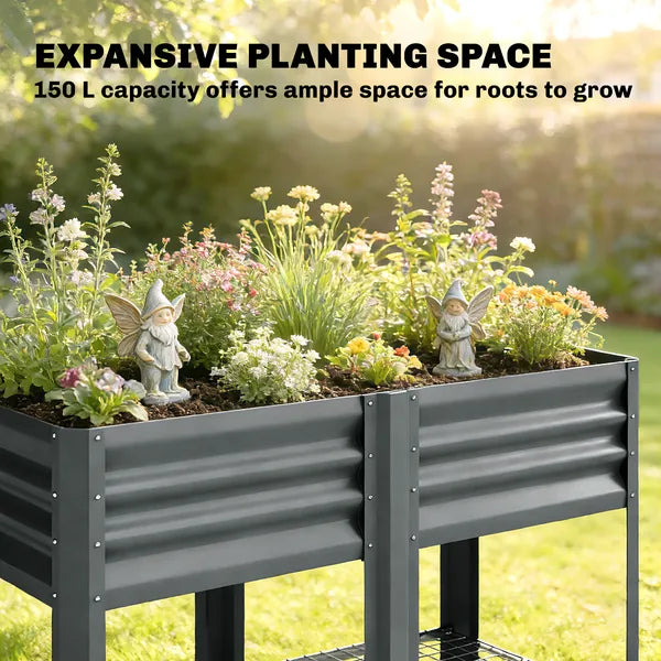 Outsunny Raised Garden Bed Galvanized Steel, Elevated Planter Box with Storage Shelf, Bed Liner, 31.5 Inch High, Dark Gray - product image 4